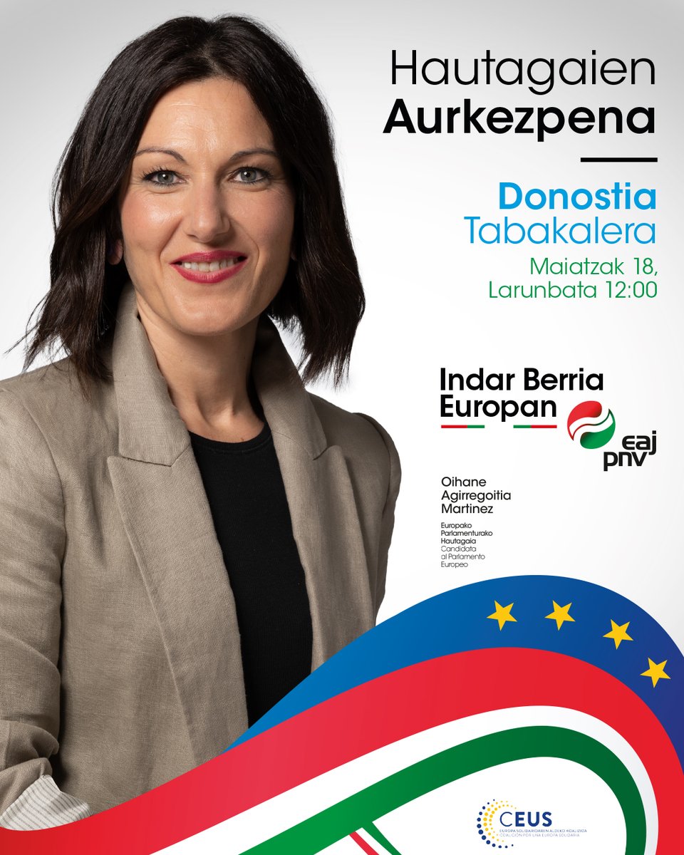 💙💛💙 Europako Hauteskundeak ❤️🤍💚 Hautagaien Aurkezpena ✅ @oagirregoitia eta @sandrogozi-rekin 📅 Maiatzak 18, larunbata 🕛 12:00etan 📌 Tabakaleran, Donostian #️⃣ #IndarBerriaEuropan 🤜🤛 @PDE_EDP, @CEUScoalition