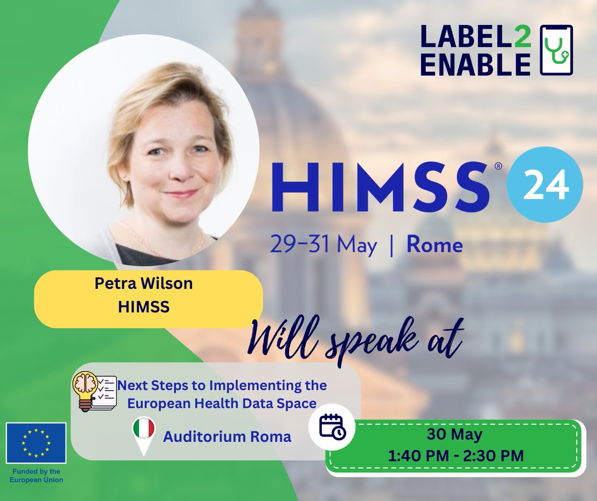 👉Don’t miss @PetraWilson11  (@HIMSS) moderating the panel “Next Steps to Implementing the European Health Data Space” at #HIMSS24Europe for #Label2Enable!

📅When: 30 May 1:40 PM - 2:30 PM

✍️Where: Room Genova

🚀Find out more on our website: emp.onl/l2ehimss24euro…

#EHDS