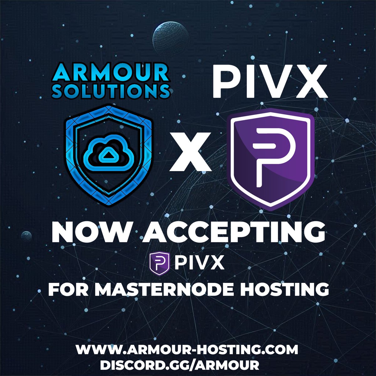 Armour Solutions are now accepting $PIVX as a payment for all of our products!  

Purchase and setup your #PIVX #Masternode today using the discount code 'PIVX' and you will receive up to 20% off!  

Currently we support self-hosting, with specialised PIVX packages coming soon!