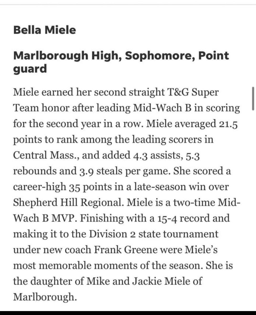 Thanks @tgsports for the nomination for player of the year and being named to the girls basketball 🏀 super team. Thanks @coach_greene23 for the great season. @MAHuskies #girlsbasketball #basketball