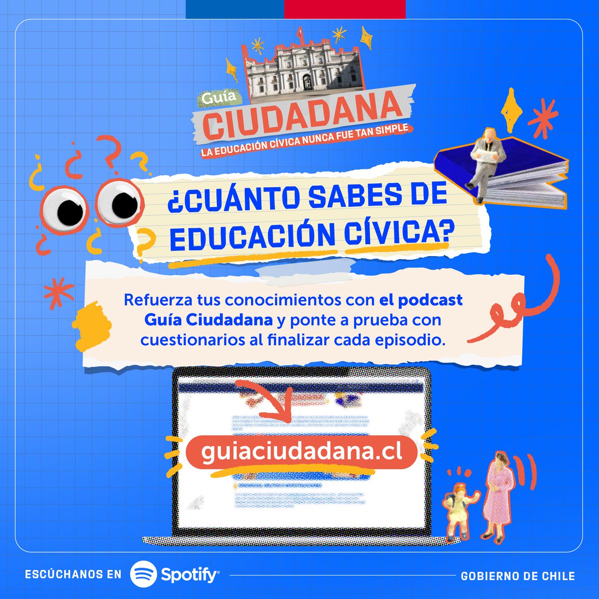 ¿Conoces la diferencia entre Estado y Gobierno? ¿Cuáles son las funciones del Ministerio Público? ¿Quiénes crean las leyes? Te invitamos a aprender donde la educación cívica nunca fue tan simple y pon a prueba tu conocimiento en guiaciudadana.cl