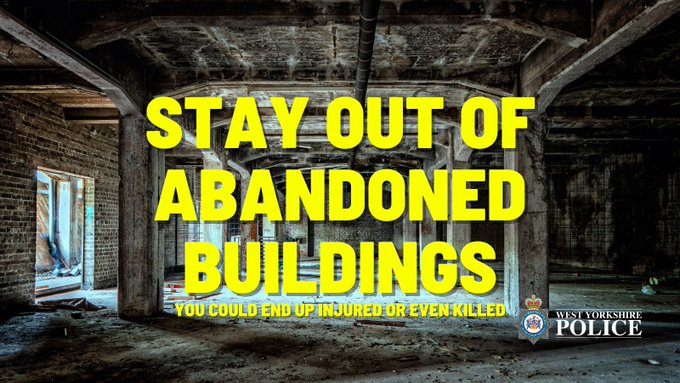 We want to remind everyone of the potential dangers of entering abandoned buildings and other places, such as building sites. Think carefully about the dangers of exploring these sites. It could result in serious injury or death. Do you know where your children are playing?