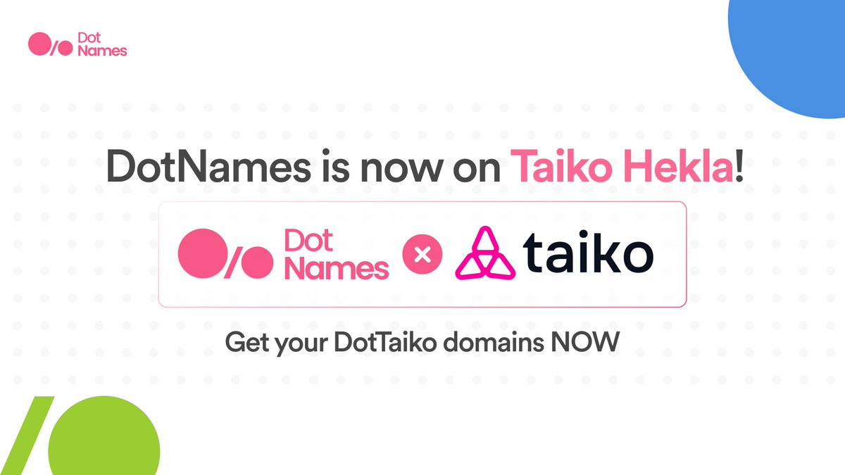 DotNames Domains (@dotnamesdomains) on Twitter photo DotNames's <a href="/dottaikodomains/">DotTaiko Domains</a> is now LIVE ON THE <a href="/taikoxyz/">Taiko.eth π₯</a> HEKLA NETWORK!
Go and mint your latest Taiko web3 domains on dottaiko.me now and follow DotTaiko.
And share your new domain below π DotNames's <a href="/dottaikodomains/">DotTaiko Domains</a> is now LIVE ON THE <a href="/taikoxyz/">Taiko.eth π₯</a> HEKLA NETWORK!
Go and mint your latest Taiko web3 domains on dottaiko.me now and follow DotTaiko.
And share your new domain below π