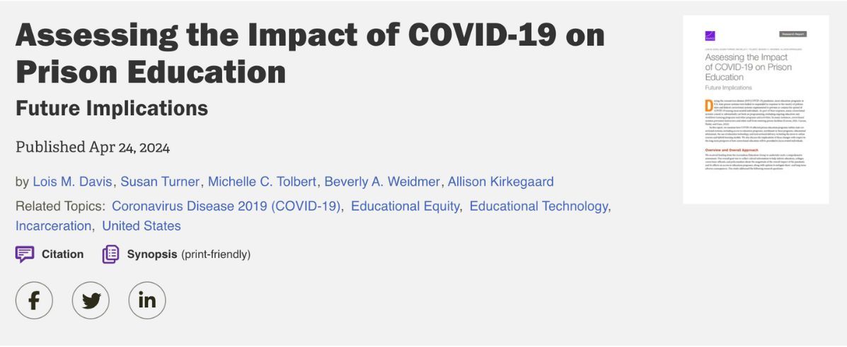 New Research: Assessing the Impact of COVID-19 on Prison Education

From halted in-person instruction to concerns about access, the pandemic's repercussions are profound. Learn more:

buff.ly/4b1yOJE