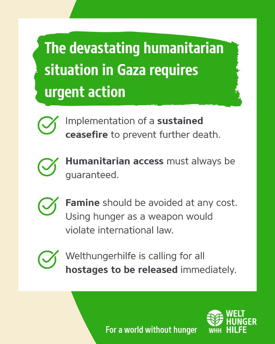 The humanitarian situation in #Gaza is dramatic. Together with our two partners, @FondazioneCESVI and @tdhitaly, as well as local organizations, we are delivering food and medical assistance. In addition to life-saving humanitarian aid, these actions are urgently needed:
