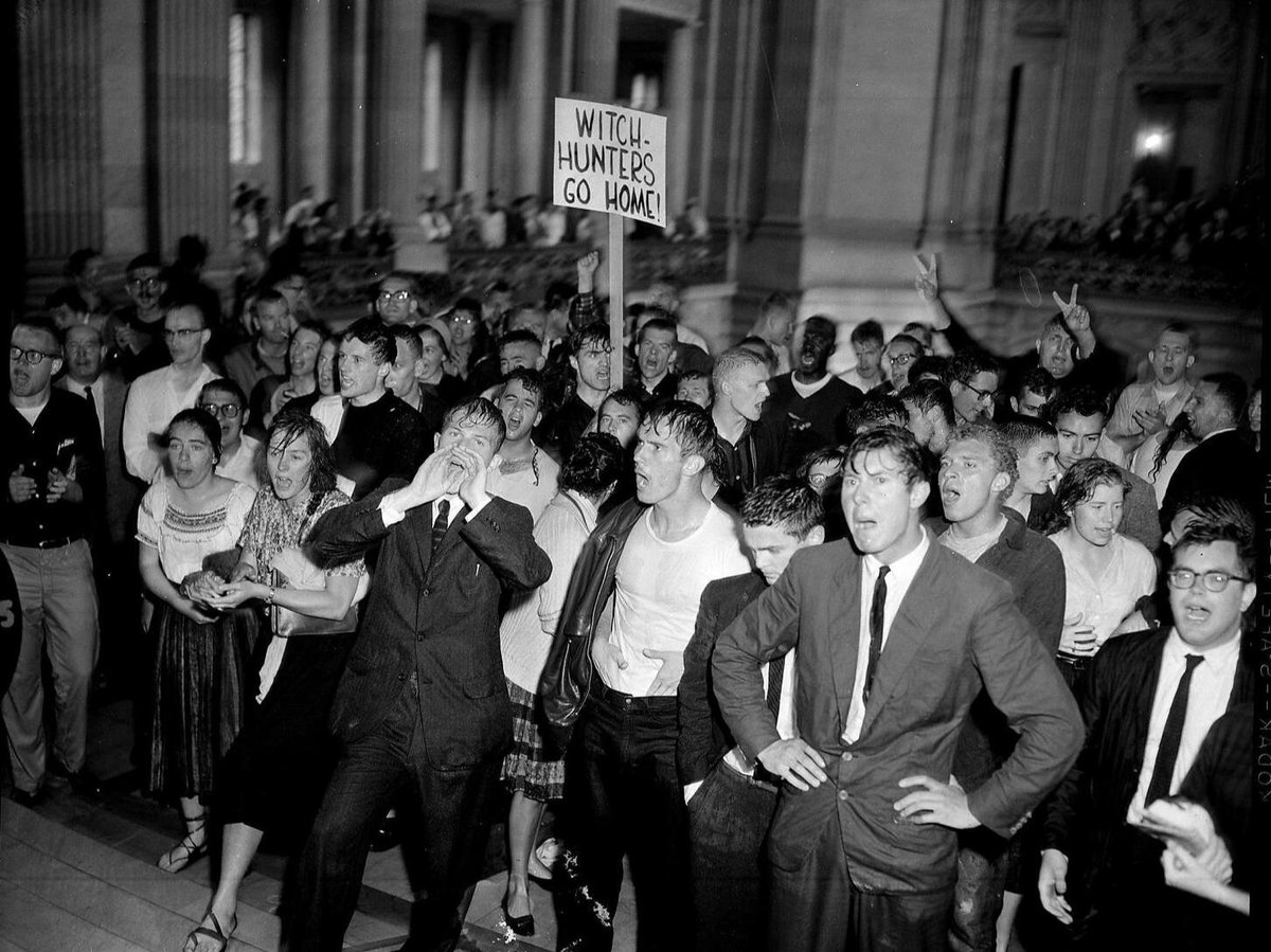 Three days of protests against hearings on 'communist subversion' by the House Un-American Activities Committee (HUAC) in San Francisco, California, culminated in a 5,000 strong rally on May 14, 1960 after police fired water hoses at protesters the day before. #OTD