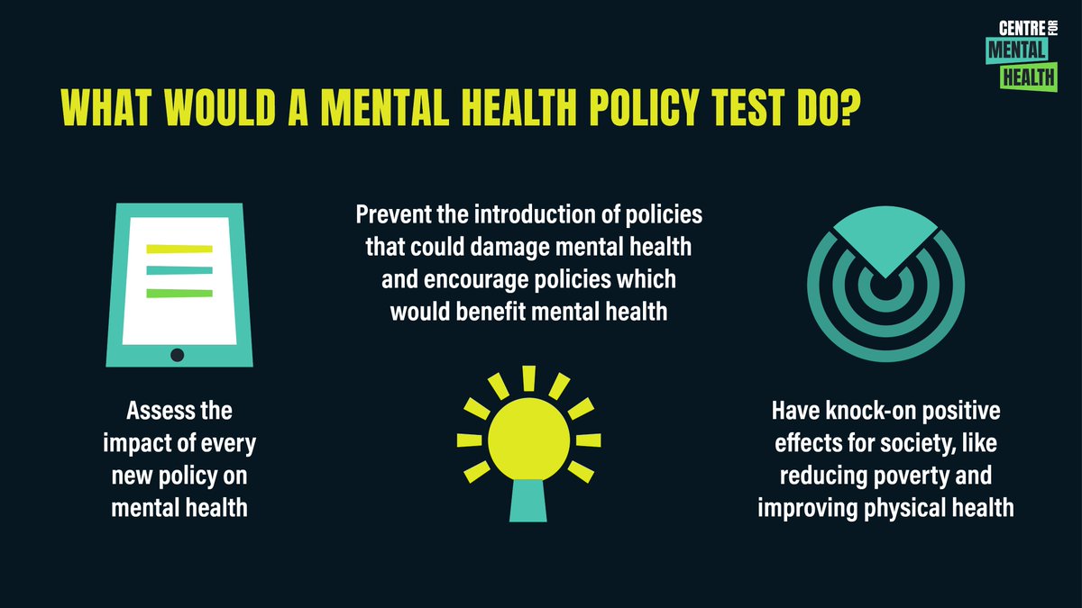 Every government policy affects our mental health - from transport & town planning to benefits & education. But policies are too often made without considering the knock-on implications for mental health. So we're calling for a 'mental health policy test': centreformentalhealth.org.uk/publications/p…