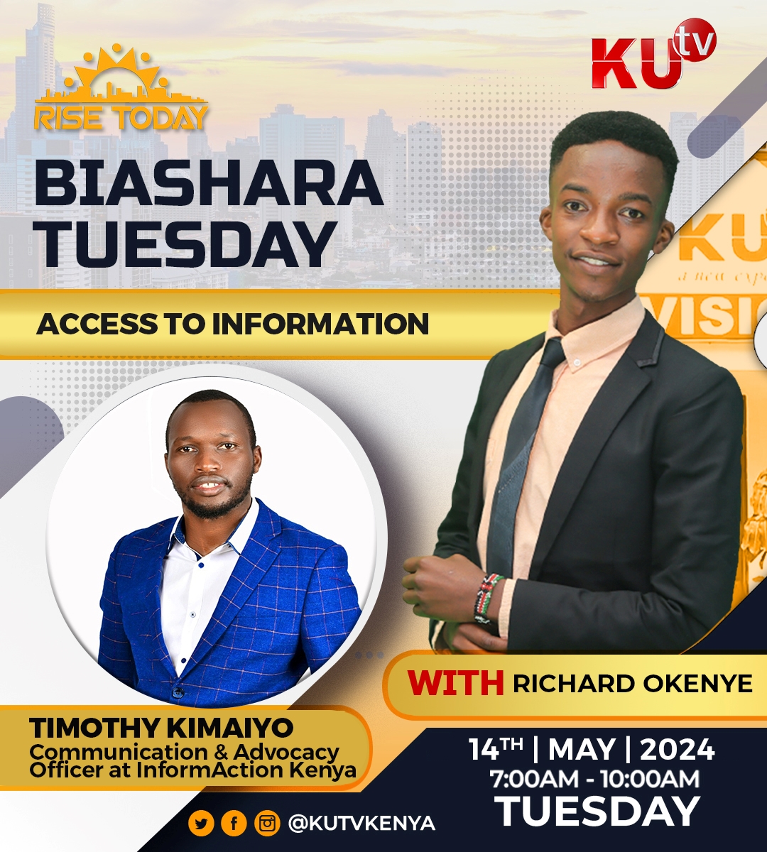 What does the right to access information entail & how does it influence service delivery?

Tune in to @kutv_kenya as our communication officer @TimKimaiyo discusses this crucial right, fostering accountability for better service delivery.
📅 14.05.2024
⏰7-10AM
#WatchDiscussAct