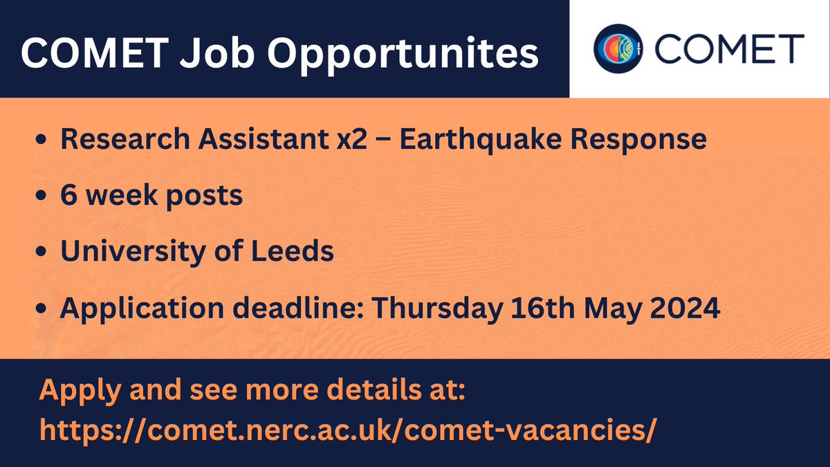 📢📢COMET is looking to appoint two short term Research Assistant posts to work on Earthquake Response to start as soon as possible. Further information on the posts and details on how to apply can be found at: comet.nerc.ac.uk/comet-vacancie… Closing date: Thursday 16th May 2024