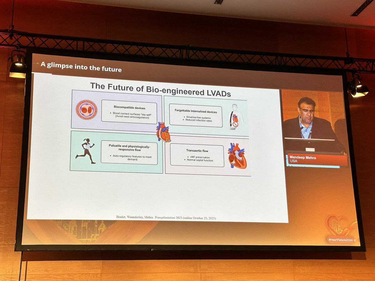 #HeartFailure2024 Early identify pts. with advanced HF, simplifying INEEDHELP candidates for LVAD, survival comparable to HT at 2 years & >50% at 5 years even in INTERMACS 1. The futurę: bioengineered LVADs @escardio @SIAC_cardio @cifacah @Cardio_ciencias #heartfailure