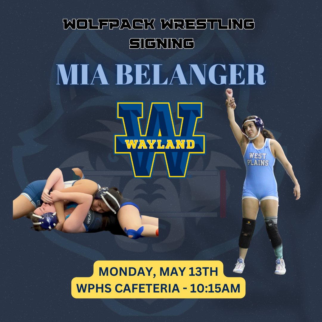 West Plains Wrestling (@wplainswrestle1) on Twitter photo Signing Day!!!
Please come join us today Monday 5/13 (10:15am) in the WPHS Cafeteria to help celebrate Mia Belanger signing to wrestle for Wayland Baptist University!
<a href="/WPlainsScore/">WPlainsScores</a>
<a href="/WPHSbooster/">West Plains Athletic Booster</a>
<a href="/RodSportsMedia/">Rod Sports Media</a>
<a href="/ryleerobinsontv/">Rylee Robinson</a>
<a href="/PressPassSports/">Press Pass Sports</a>
<a href="/KaleSteed/">Kale Steed</a> Signing Day!!!
Please come join us today Monday 5/13 (10:15am) in the WPHS Cafeteria to help celebrate Mia Belanger signing to wrestle for Wayland Baptist University!
<a href="/WPlainsScore/">WPlainsScores</a>
<a href="/WPHSbooster/">West Plains Athletic Booster</a>
<a href="/RodSportsMedia/">Rod Sports Media</a>
<a href="/ryleerobinsontv/">Rylee Robinson</a>
<a href="/PressPassSports/">Press Pass Sports</a>
<a href="/KaleSteed/">Kale Steed</a>