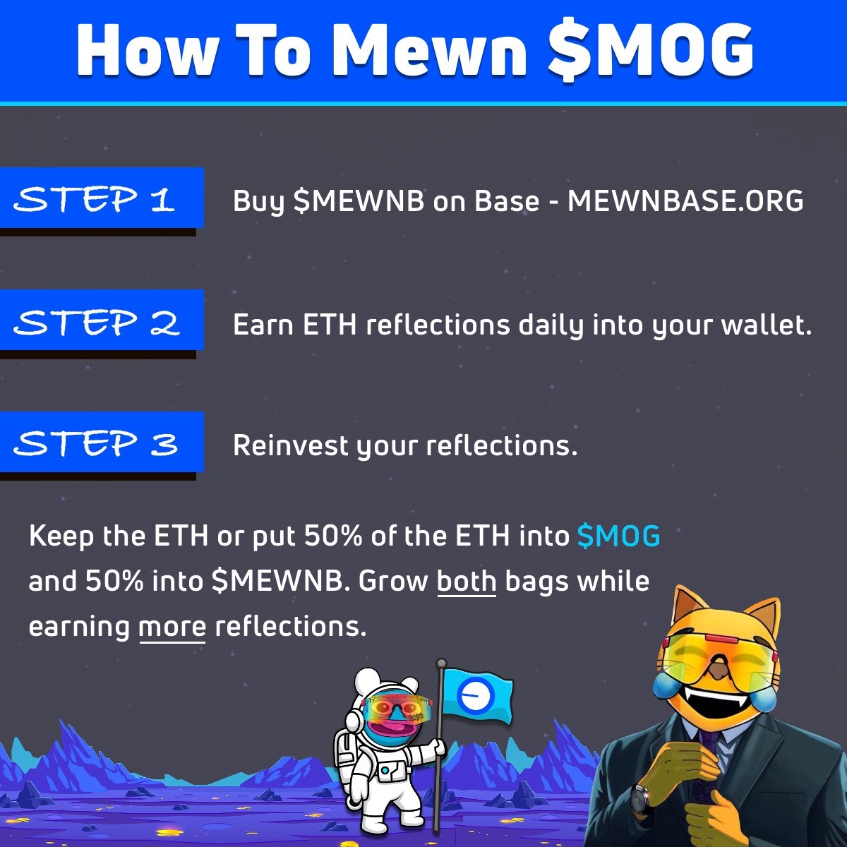 Hey MOG Coin holders and lovers of @base. We are doing our part to help onboard one billion people onchain and we support all Base projects. We’re MewnBase. Our contract is renounced, liquidity is burned, and we’re audited. We provide daily ETH “Reflections” for simply holding