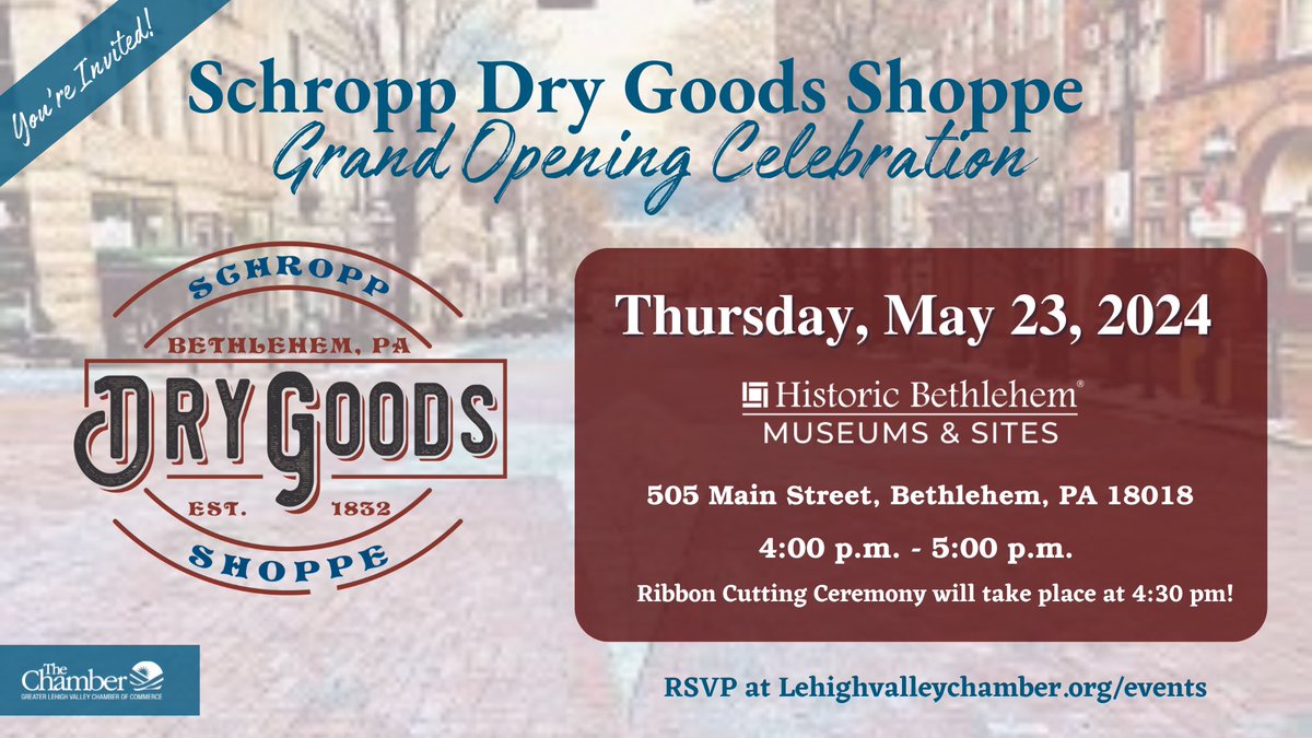 Next week: join @GLVCC & Historic Bethlehem Museums & Sites for the grand opening of Schropp Dry Goods Shoppe - a charming store inspired by the town’s original dry goods store in the mid-1800s.

More information: bit.ly/4bfu6rQ 🔗 #ExploreBethlehemHBMS