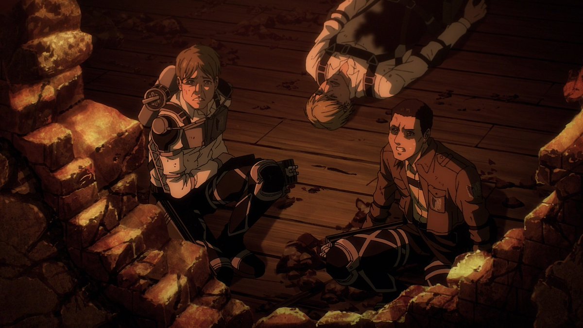 In Season 1, Jean finds himself looking at two Titans through an opening, completely given up and awaiting death until Eren saves him. But in Season 4, he's on the other side of the opening, giving orders to the newly recruited cadets and encouraging them not to give up.
