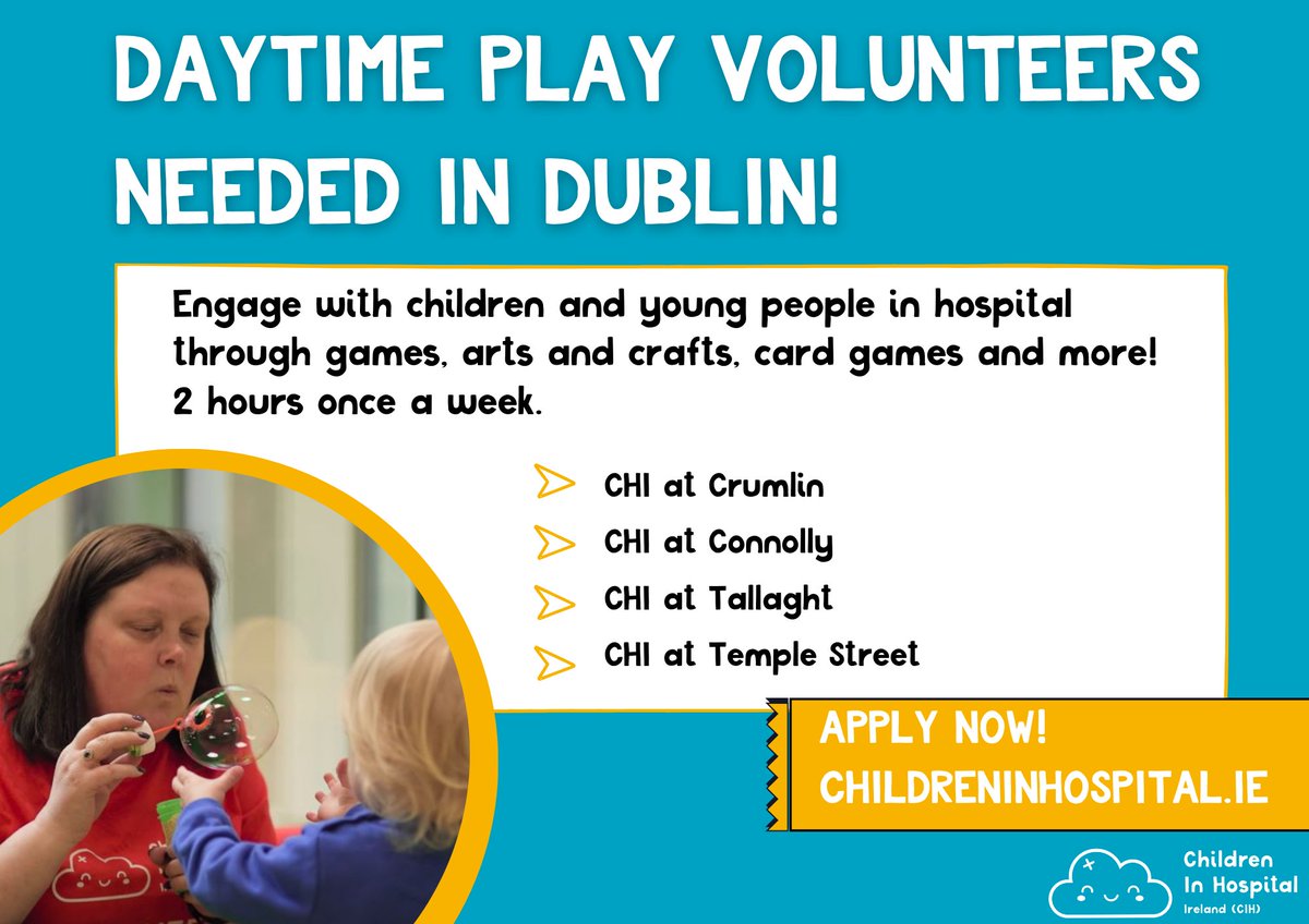 We're looking for play volunteers to join us on weekdays across the Children's Health Ireland (CHI) hospital sites in Dublin! If this sounds like you, please see more information here - childreninhospital.ie/volunteer-vaca…