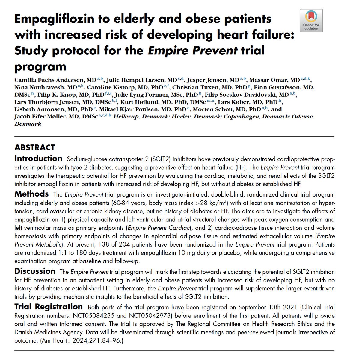 OPEN ACCESS:  Empagliflozin to elderly and obese patients with increased risk of developing heart failure: Study protocol for the Empire Prevent trial program
pubmed.ncbi.nlm.nih.gov/38365073/
#Cardiology