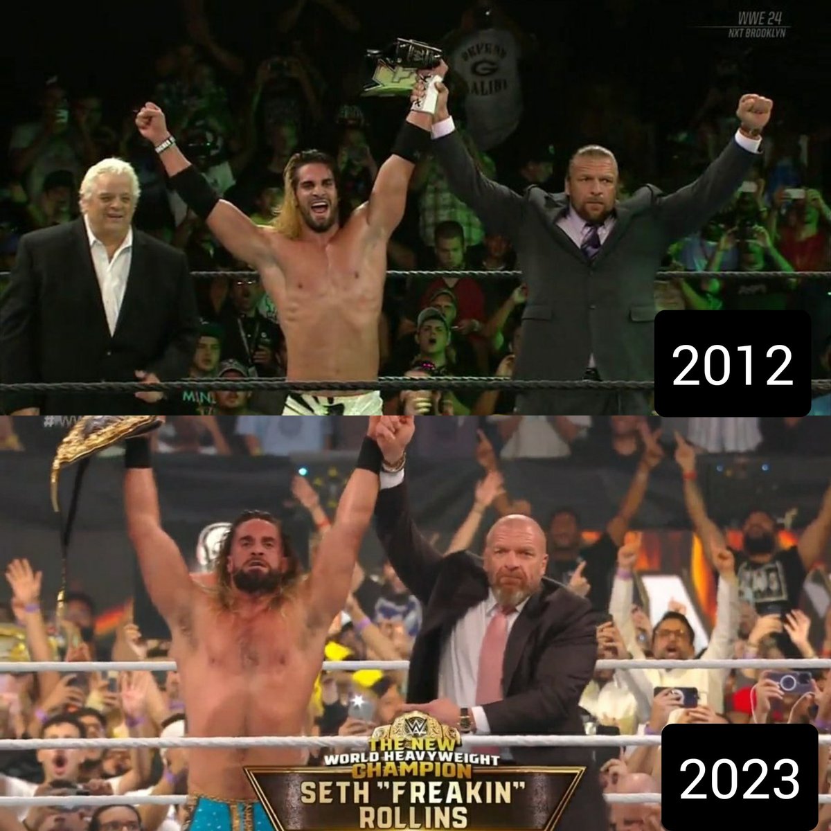 'It felt very much like a full circle moment at Night of Champions, almost like a wormhole back in time, to NXT to that first Championship match, to him being there to raise my hand. It's very surreal.' - @WWERollins 🤝 @TripleH #WWERivals 😍