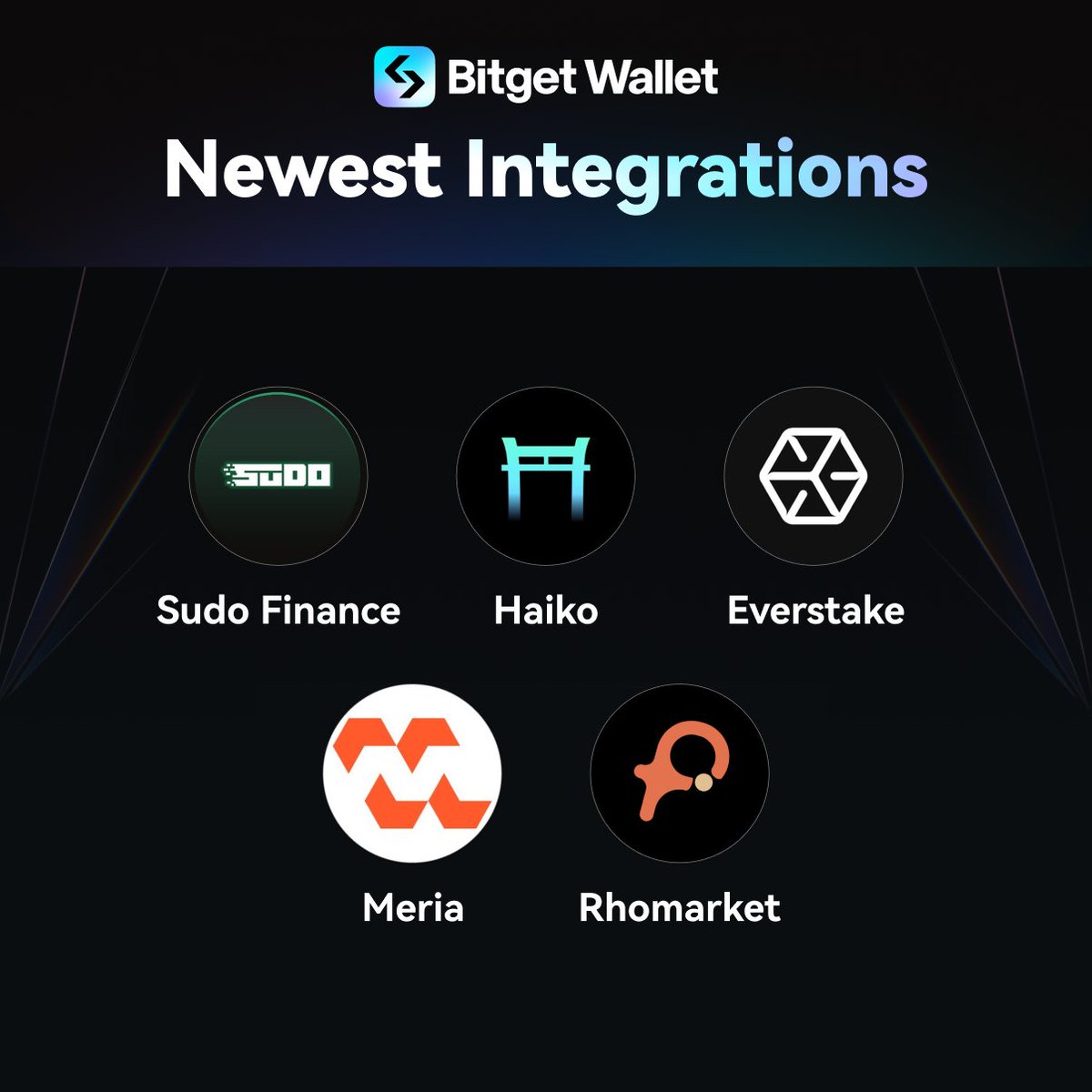 ⚽️ Kicking off Monday with our new friends: @sudofinance @haikoxyz @everstake_pool @Meria_Finance @RhoMarketsHQ 🎟️ Which project would you love to see #BitgetWallet integrate next?