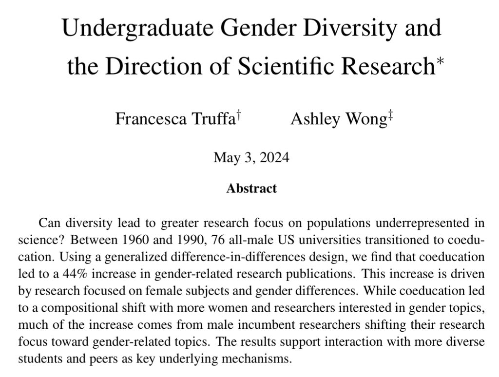 Beyond thrilled that @FrancescaTruffa and my JMP on gender diversity and direction of scientific research has been conditionally accepted at the AER!!!! 🥳🤩🎉