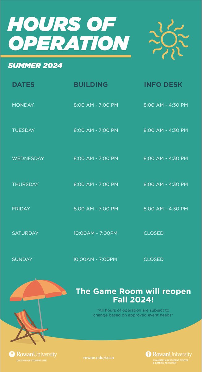 Happy Summer, Profs! ☀️🏖 Beginning May 13th, the Chamberlain Student Center will be operating on a summer schedule. See below for our current hours of operation ⬇️