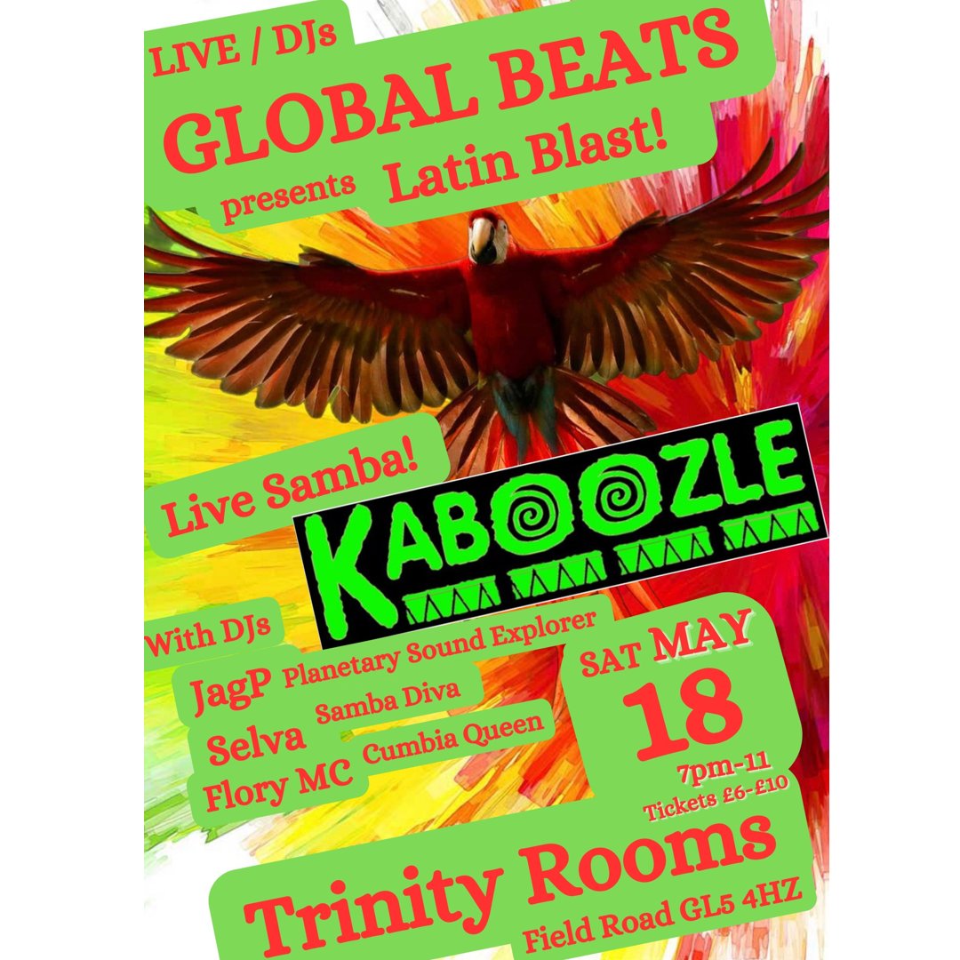 FYI a groovy night coming up at our #stroud Community Hub this Sat 18th May with Global Beats presents Latin Blast 7pm-11pm! Join selva samba & Jag P (both play tamborin in Simbora) & kaboozle drummers Jacqui Tom Sharon (also all play in Simbora) Book At trybooking.com/uk/DKYF