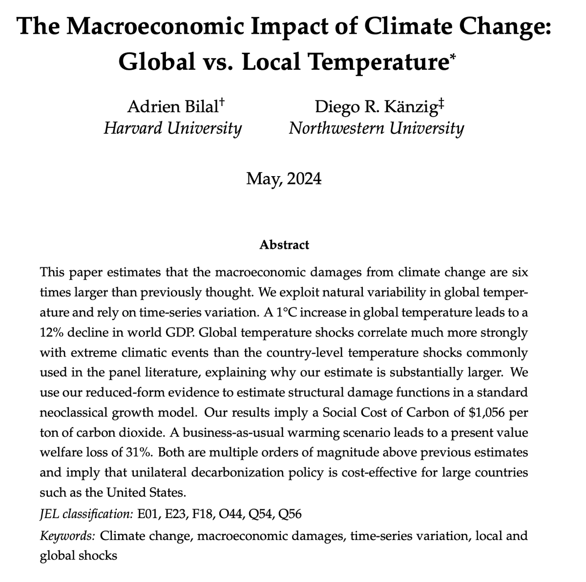 New paper with @drkaenzig showing that the Social Cost of Carbon is above $1,000/ton. Time series variation in global temperature implies 6x larger damages and more extreme events than panel variation in local/country-level temperature. shorturl.at/vxLO3