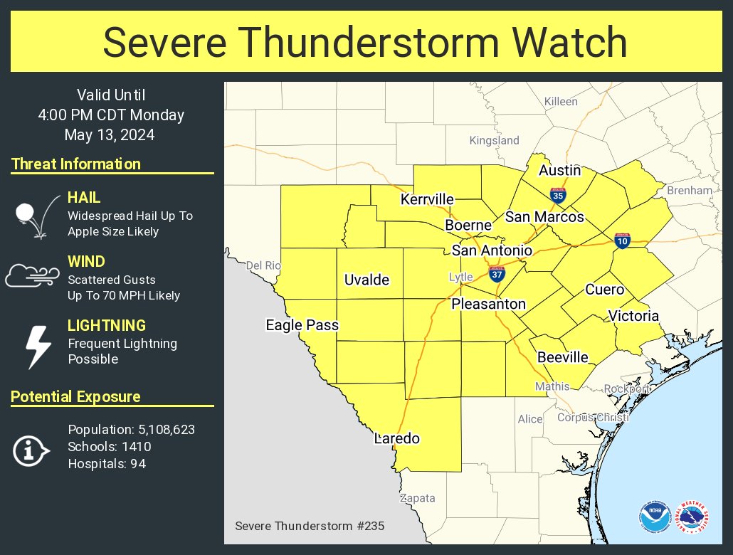 A severe thunderstorm watch has been issued for parts of Texas until 4 PM CDT