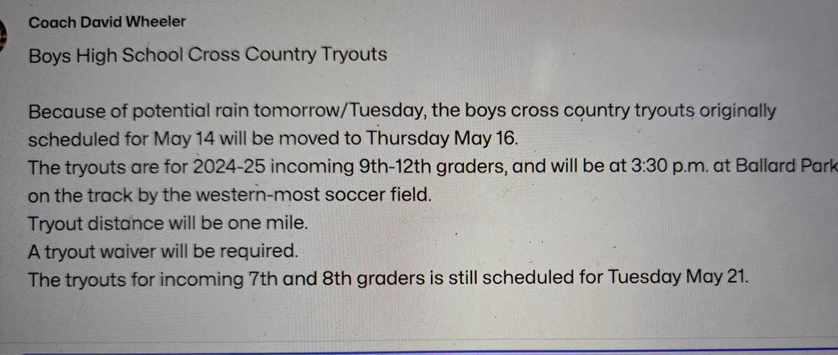 Tupelo High School Boys Cross Country Tryouts changed to Thursday May 16. @TupeloAthletics @tupeloschools @TupeloHigh @TupeloMiddle