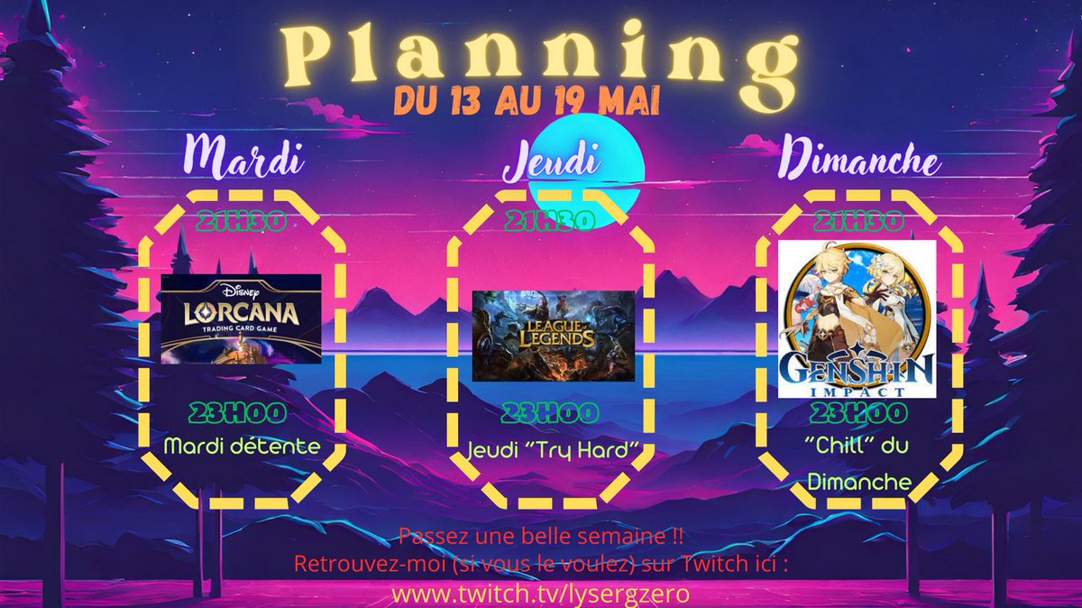 LysergZeRo's tweet photo. Hey !

Le planning de la semaine (Attention y a de la nouveauté) :
Mardi => #Lorcana (jeux de cartes Disney)
Jeudi => #LeagueofLegends
Dimanche => #GenshinImpact

Mon âme de compétiteur a été réveillée et j'ai envie de faire quelques tournois sur Lorcana !

Belle semaine à vous ! https://t.co/lxpYVZU0Tr