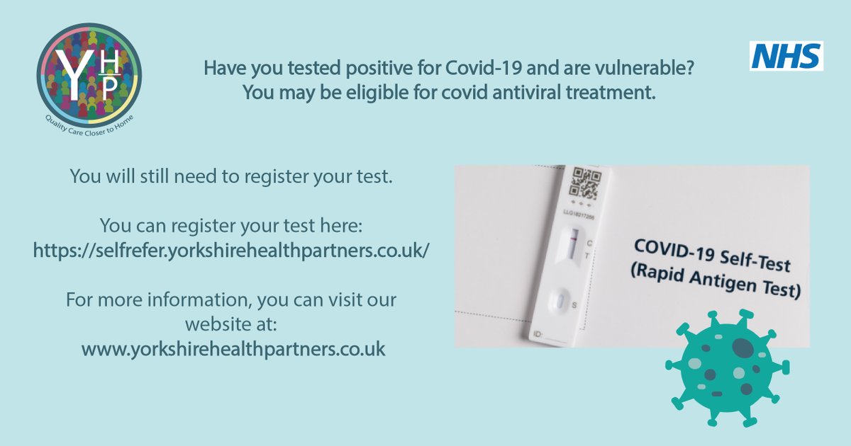 🦠Are you vulnerable and tested positive for Covid-19?
You could be eligible for covid antiviral treatment.
You will need to register your test at: …lfrefer.yorkshirehealthpartners.co.uk
For more information, visit: yorkshirehealthpartners.co.uk