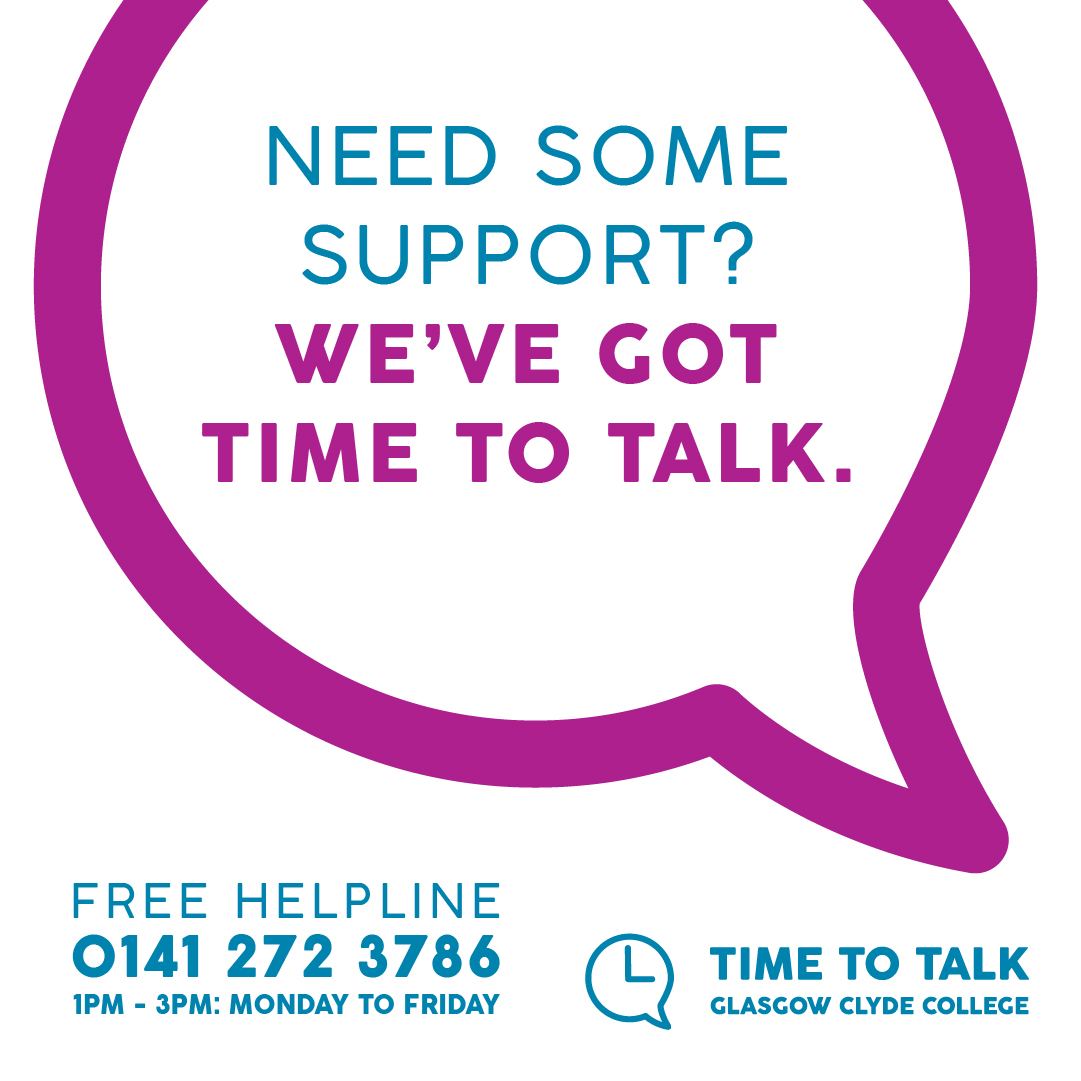 Time to Talk is a helpline for staff and students at Glasgow Clyde College, staffed by trained counsellors who are there to listen & provide support. It's available Mon - Fri from 1pm-3pm - our counsellors are ready to listen, just call 0141 272 3786. #MentalHealthAwarenessWeek