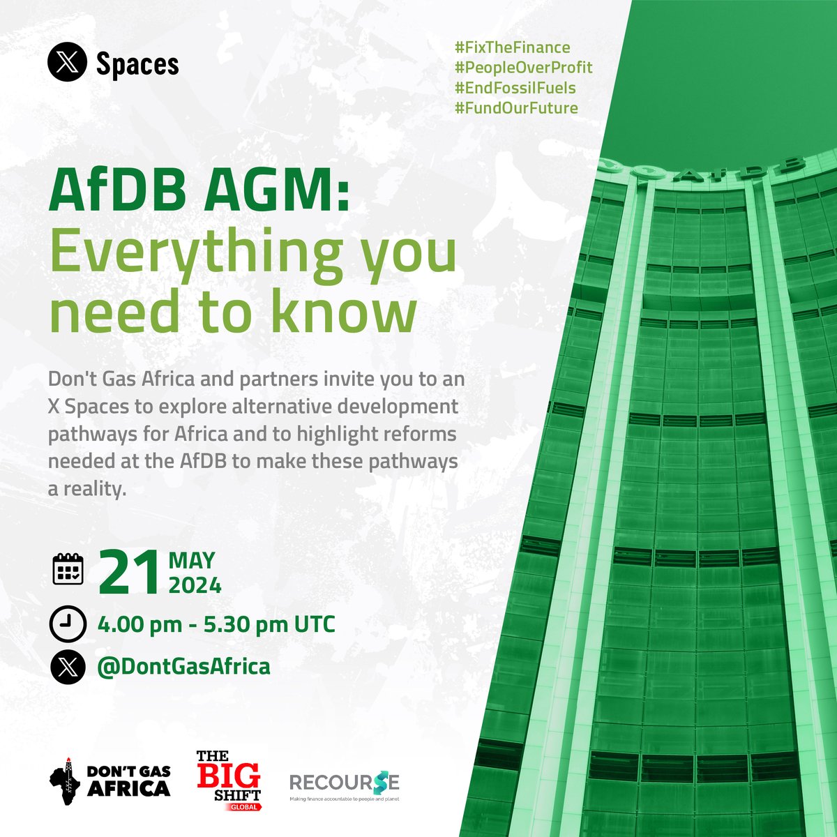 The African Development Bank's Annual General Meeting is coming up! What does this pivotal event mean for Africa? 

Join our X space next week to find out!

📅 21 May 2024
⏲️ 4pm UTC/ 6pm CAT/ 7pm EAT
🔗x.com/i/spaces/1ypjd…

#SaveTheDate
#FixTheFinance