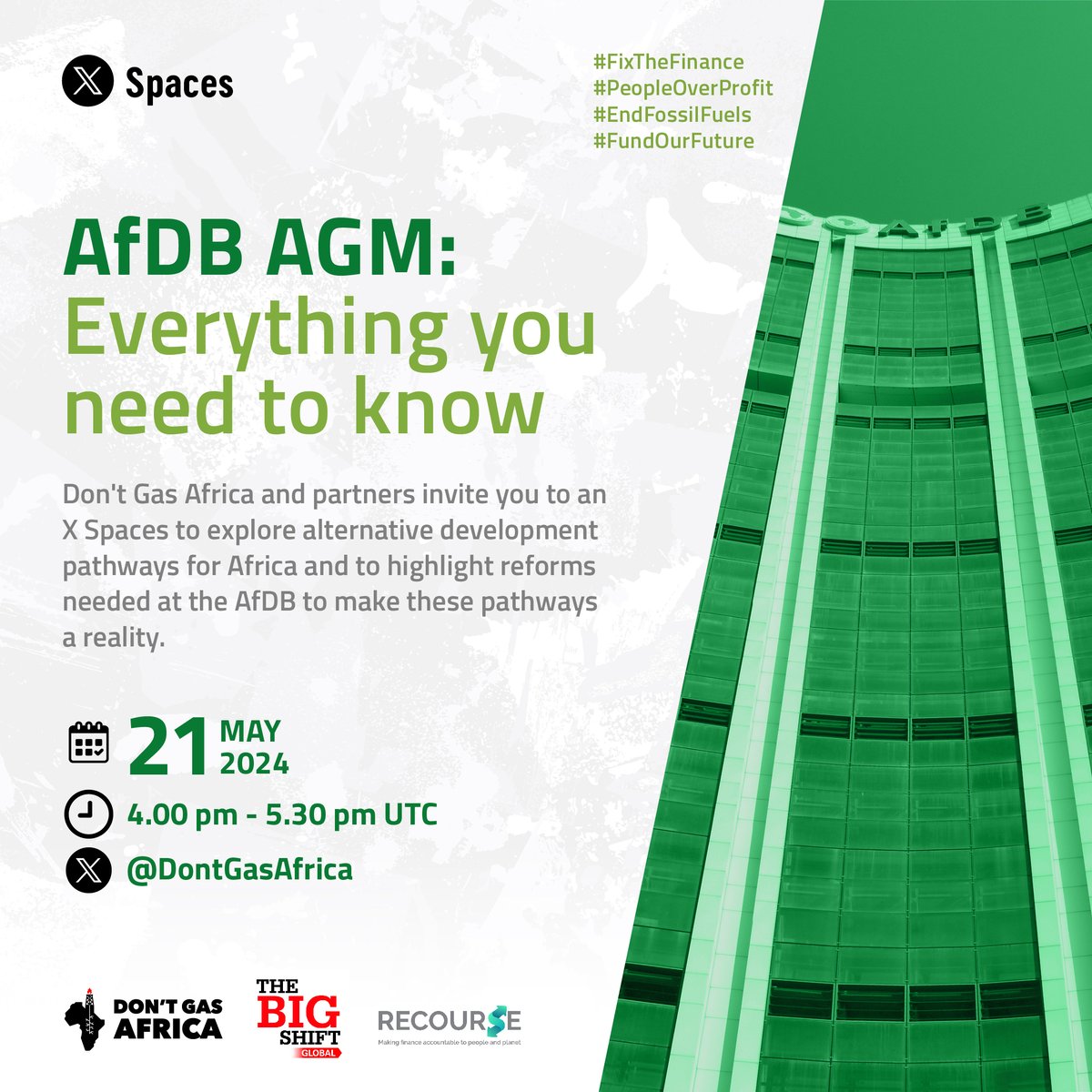 The African Development Bank's Annual General Meeting is coming up! What does this pivotal event mean for Africa? 

Join our X space next week to find out!

📅 21 May 2024
⏲️ 4pm UTC/ 6pm CAT/ 7pm EAT
🔗x.com/i/spaces/1ypJd…

#SaveTheDate
#FixTheFinance