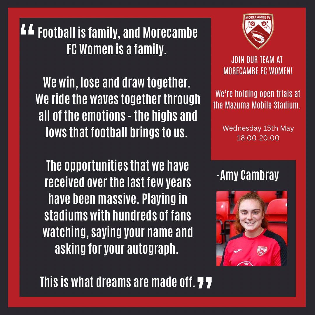 🗣️ | Amy Cambray told us what it means to her to be part of our team at Morecambe FC Women!

We are holding an open trial session at the Mazuma Mobile Stadium this Wednesday🌟

Register your interest through the link below👇
morecambefc.com/news/2024/apri…
