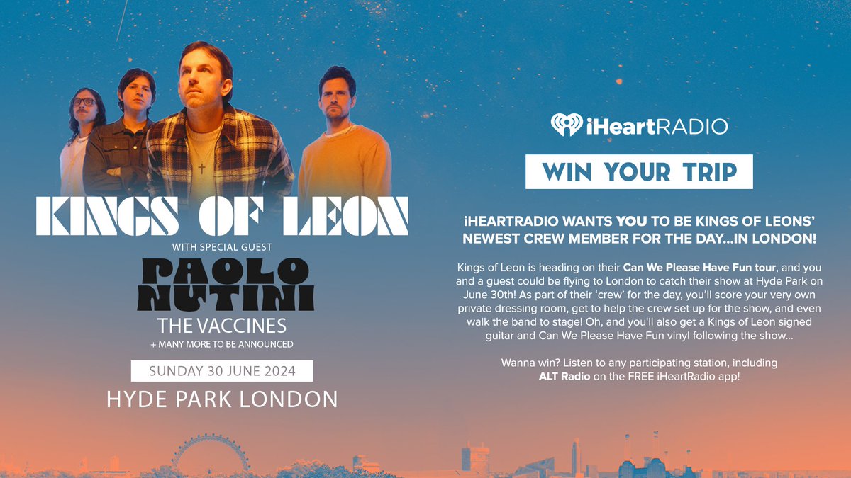 In celebration of @KingsOfLeon's new album 'Can We Please Have Fun' we're giving a lucky fan a flyaway to their show in London at Hyde Park! 🔥 Enter now: ihr.fm/ALTx