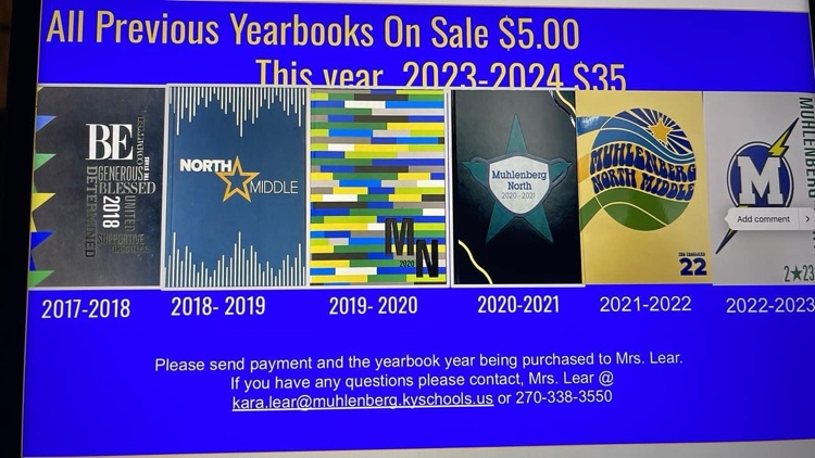 All previous year's yearbooks are on sale for $5 each while supplies last!!!