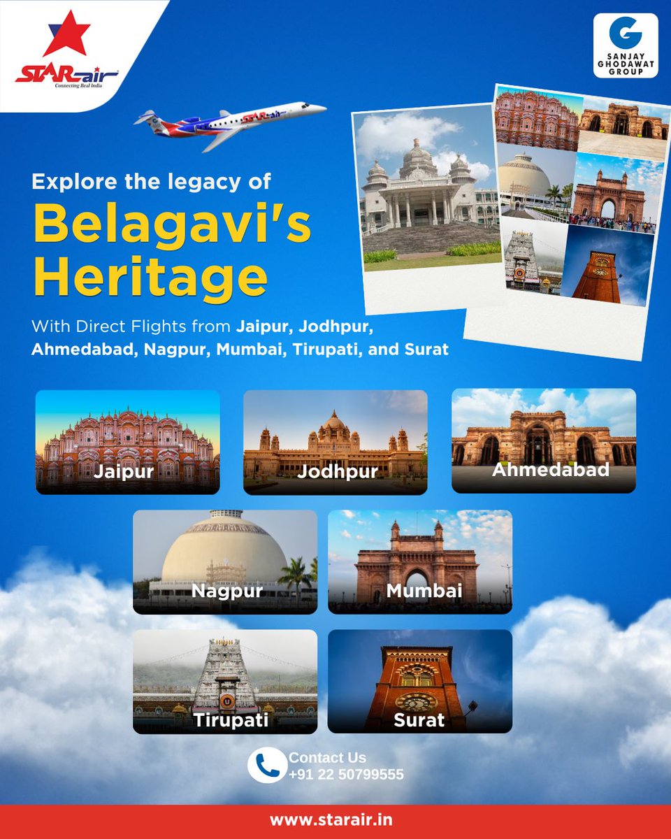 Explore the legacy of Belagavi's Heritage with Direct Flights from Jaipur, Jodhpur, Ahmedabad, Nagpur, Mumbai, Tirupati, and Surat. Unveil the heritage of this enchanting destination with our direct flights.
#StarAir #FlywithStarAir #ConnectingRealIndia #E175 #SanjayGhodawatGroup