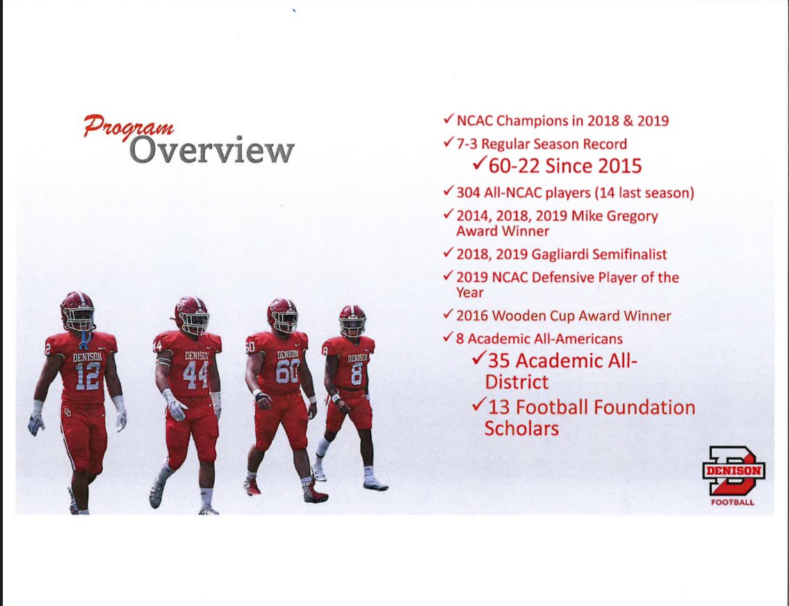 Denison Football (@dufootball) on Twitter photo The Denison University football program is a monument to success, both on the field and in the classroom. At Denison University, you can be a leader in the classroom, on the field and in life.
#BigRed #Rolldenny The Denison University football program is a monument to success, both on the field and in the classroom. At Denison University, you can be a leader in the classroom, on the field and in life.
#BigRed #Rolldenny