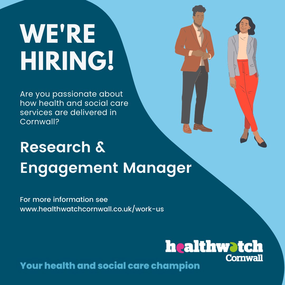 HEALTHWATCH CORNWALL ARE HIRING!
If you are proactive and versatile, and believe that the voice of service users has a vital role to play in shaping how services are delivered and can improve, think about what you could achieve through this role.