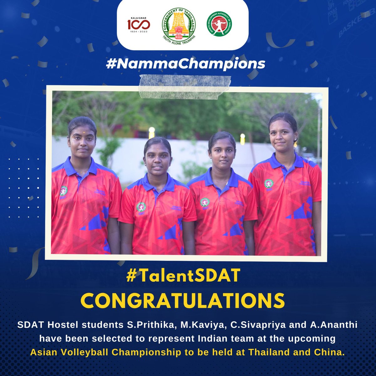 Congratulations to SDAT Hostel Students who have been selected to represent Indian team at the upcoming Asian Volleyball Championship to be held at Thailand and China.
@CMOTamilnadu @Udhaystalin
@TNDIPRNEWS

 #SportsTN #NammaChampions #TalentSDAT