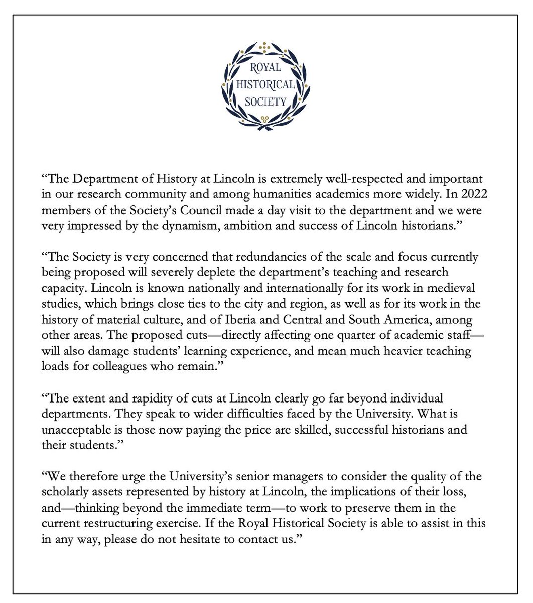 Royal Historical Society (@royalhistsoc) on Twitter photo .@royalhistsoc has written to managers <a href="/unilincoln/">University of Lincoln, UK</a> to protest proposed redundancies among historians. Plans will cut the dept by one quarter.
Lincoln History is v. successful. This should not be happening to historians who excel and perform great service for their university. .@royalhistsoc has written to managers <a href="/unilincoln/">University of Lincoln, UK</a> to protest proposed redundancies among historians. Plans will cut the dept by one quarter.
Lincoln History is v. successful. This should not be happening to historians who excel and perform great service for their university.