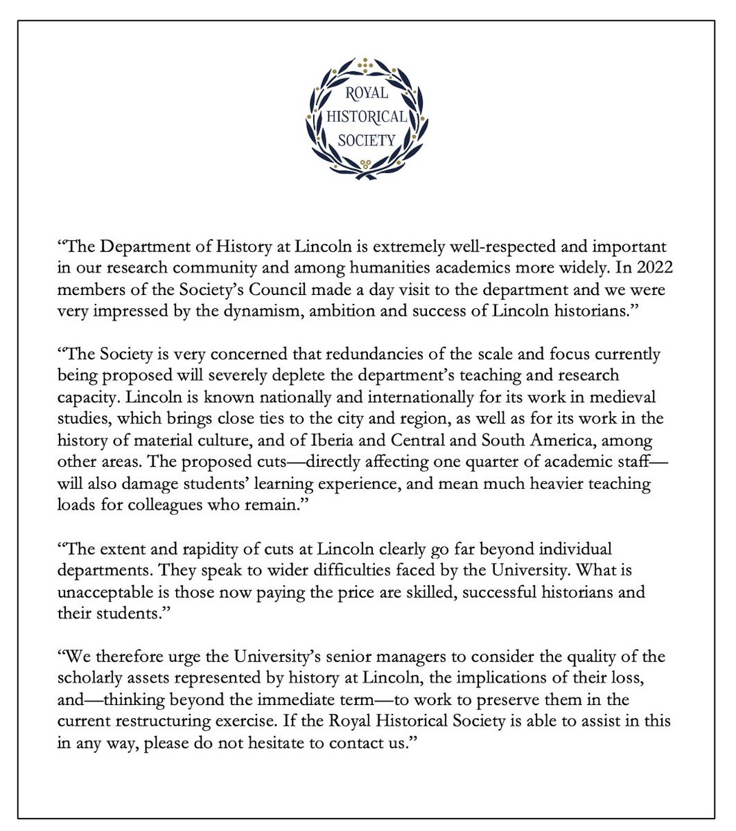 .@royalhistsoc has written to managers @unilincoln to protest proposed redundancies among historians. Plans will cut the dept by one quarter. Lincoln History is v. successful. This should not be happening to historians who excel and perform great service for their university.