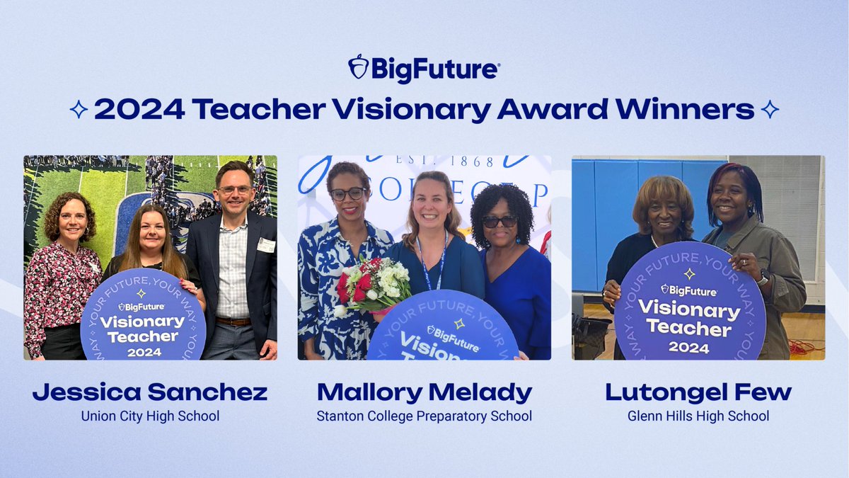 🎉 Congratulations to Ms. Mallory Melady, Ms. Jessica Sanchez, and Ms. Lutongel Few! They received our inaugural #BigFuture Teacher Visionary Award for sharing career and college planning resources with their students. Way to go! #TeacherAppreciation