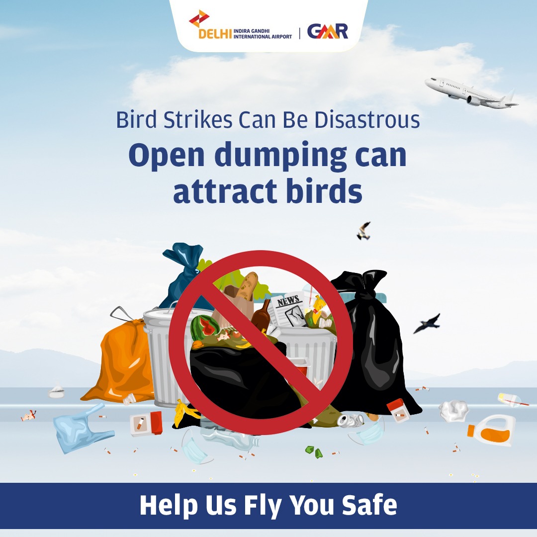 We are determined to keeping our skies safe! Open household waste around #DelhiAirport can attract birds, posing risks of bird strikes for aircrafts. Be a responsible citizen and dispose of waste properly.  To Know more: bit.ly/BirdStrikePrev… #HelpUsFlyYouSafe