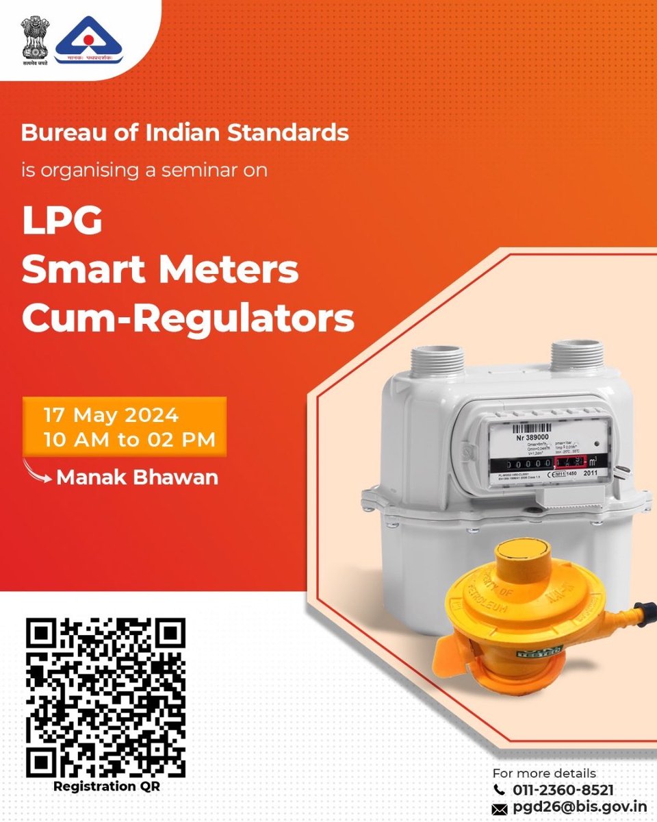 BIS is organising a National Seminar on LPG Smart Meters Cum Regulators. Date: May 17, 2024 (Friday) Time: 10:00 AM - 2:00 PM Venue: Manak Bhawan, New Delhi To register, scan the QR code or click here: rb.gy/f3tfk2 @jagograhakjago @PetroleumMin #BIS #LPG #India