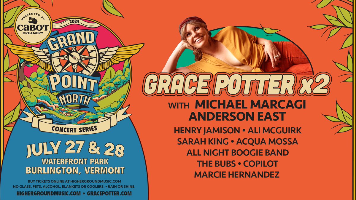 🎸Grace Potter's Grand Point North Concert Series lineup is here! 7/27: Michael Marcagi, Henry Jamison, Sarah King, The Bubs, Copilot 🎫 bit.ly/GPNCS727 7/28: Anderson East, Ali McGuirk, Acqua Mossa, All Night Boogie Band, Marcie Hernandez 🎫 bit.ly/GPNCS728