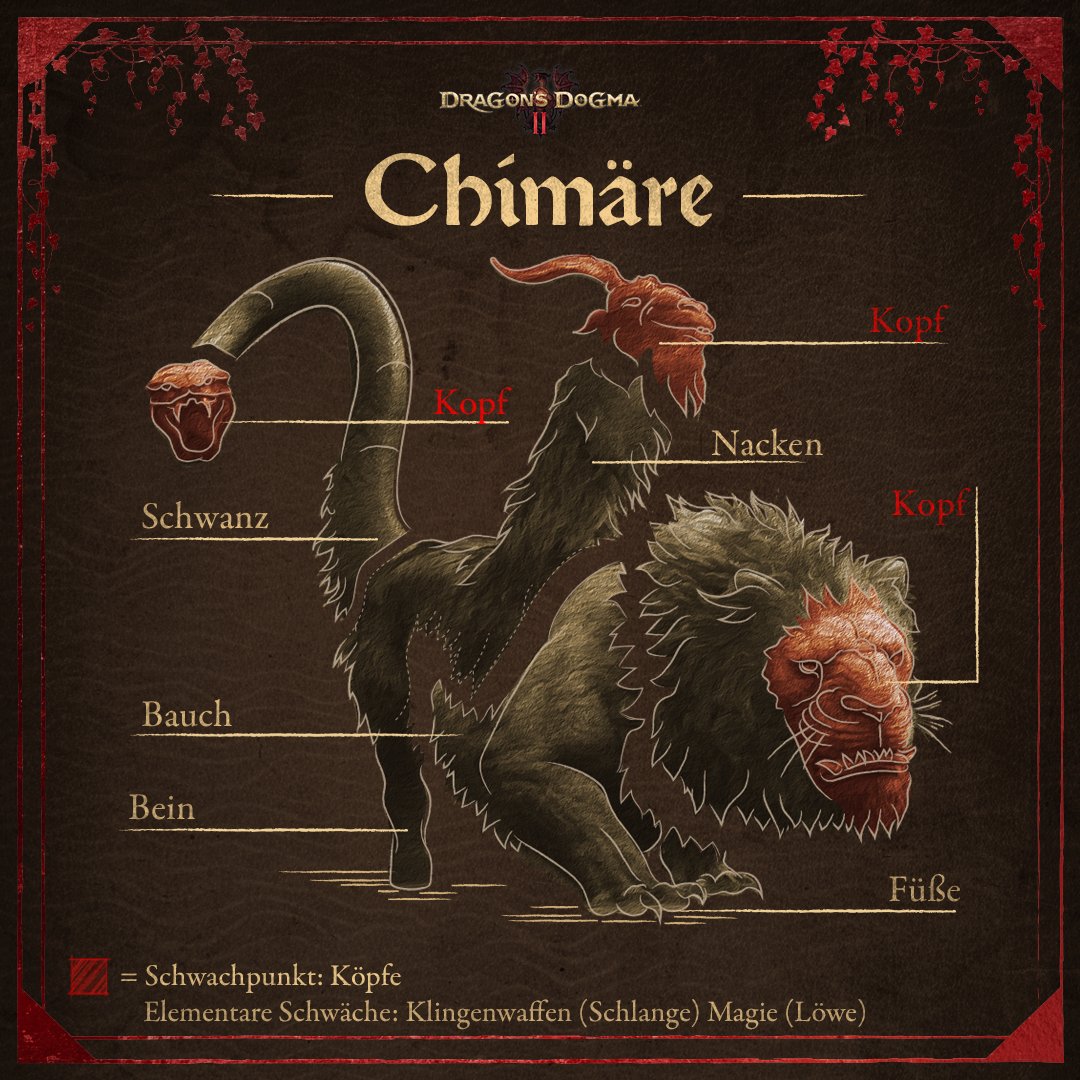 Mit ihren vielen Köpfen und gefährlichen Angriffen stellt die Chimäre eine große Gefahr für ihre Umgebung dar. Werft unbedingt einen Blick auf unsere Grafik, wenn ihr im Kampf gegen eine Chimäre immer einen Schritt voraus sein wollt! #DragonsDogma2 #DD2