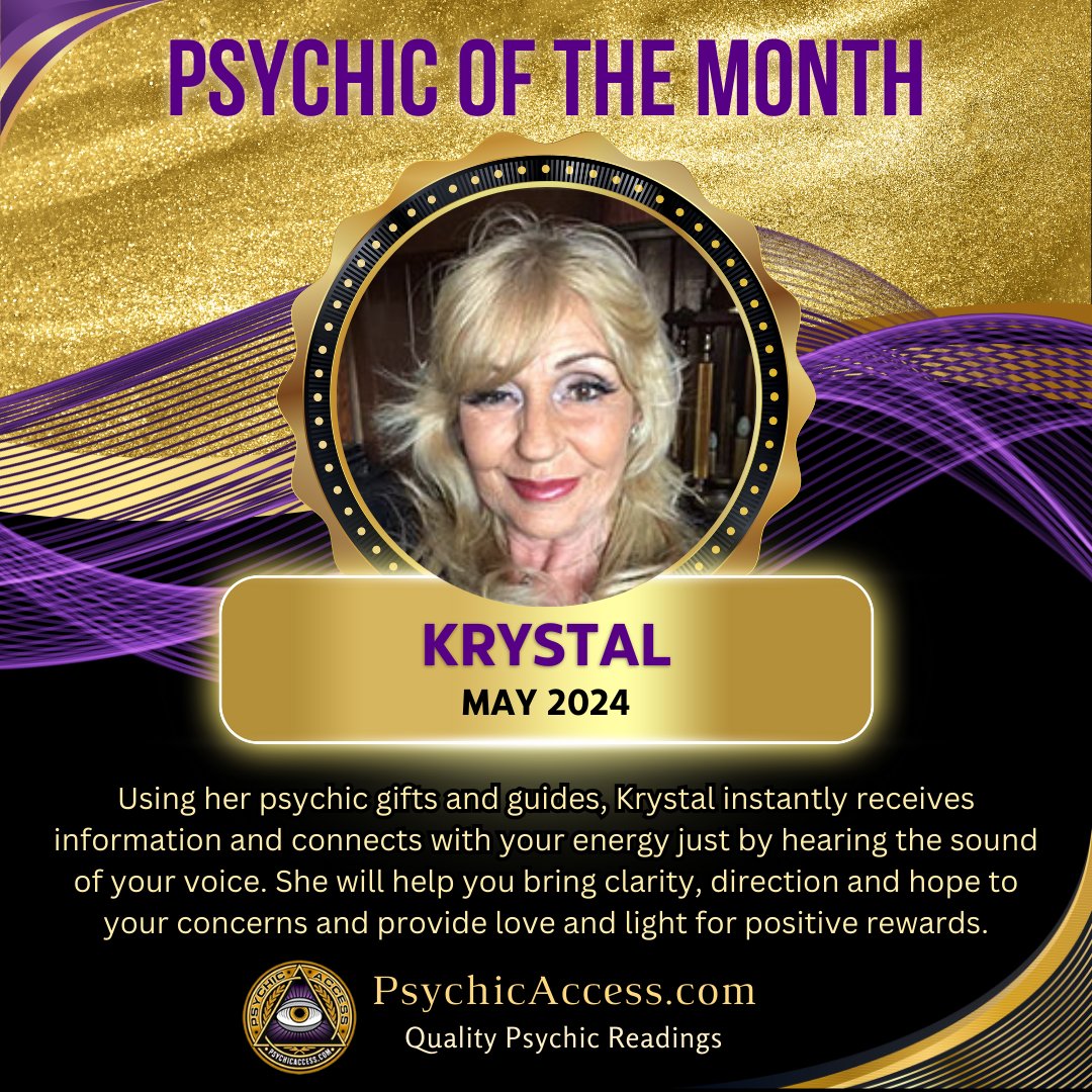 Krystal is our best performing psychic for May 2024 🔮✨💕⁠ ⁠

If you would like a reading with a psychic prodigy who's been reading since the age of 5, you can find Krystal at PsychicAccess.com.
⁠
#psychicofthemonth #psychic #bestpsychics #psychicwinner #bestpsychic