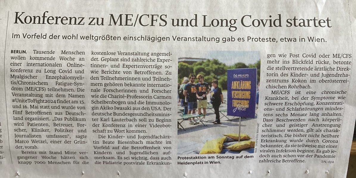 Heute in den Salzburger Nachrichten: Ein Artikel über die weltweite #LongCovid / #MECFS online-Konferenz @U2Fight_World & über die gestrige Wiener Protestaktion der @oeg_mecfs 👇