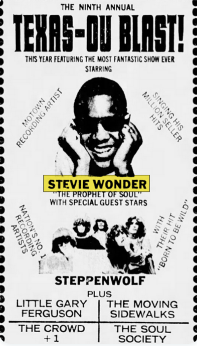 October 12, 1968: Stevie Wonder (who turns 74 today), performing at the 9th annual Texas-OU Blast at Market Hall in Dallas, along with Steppenwolf, the Moving Sidewalks, etc.